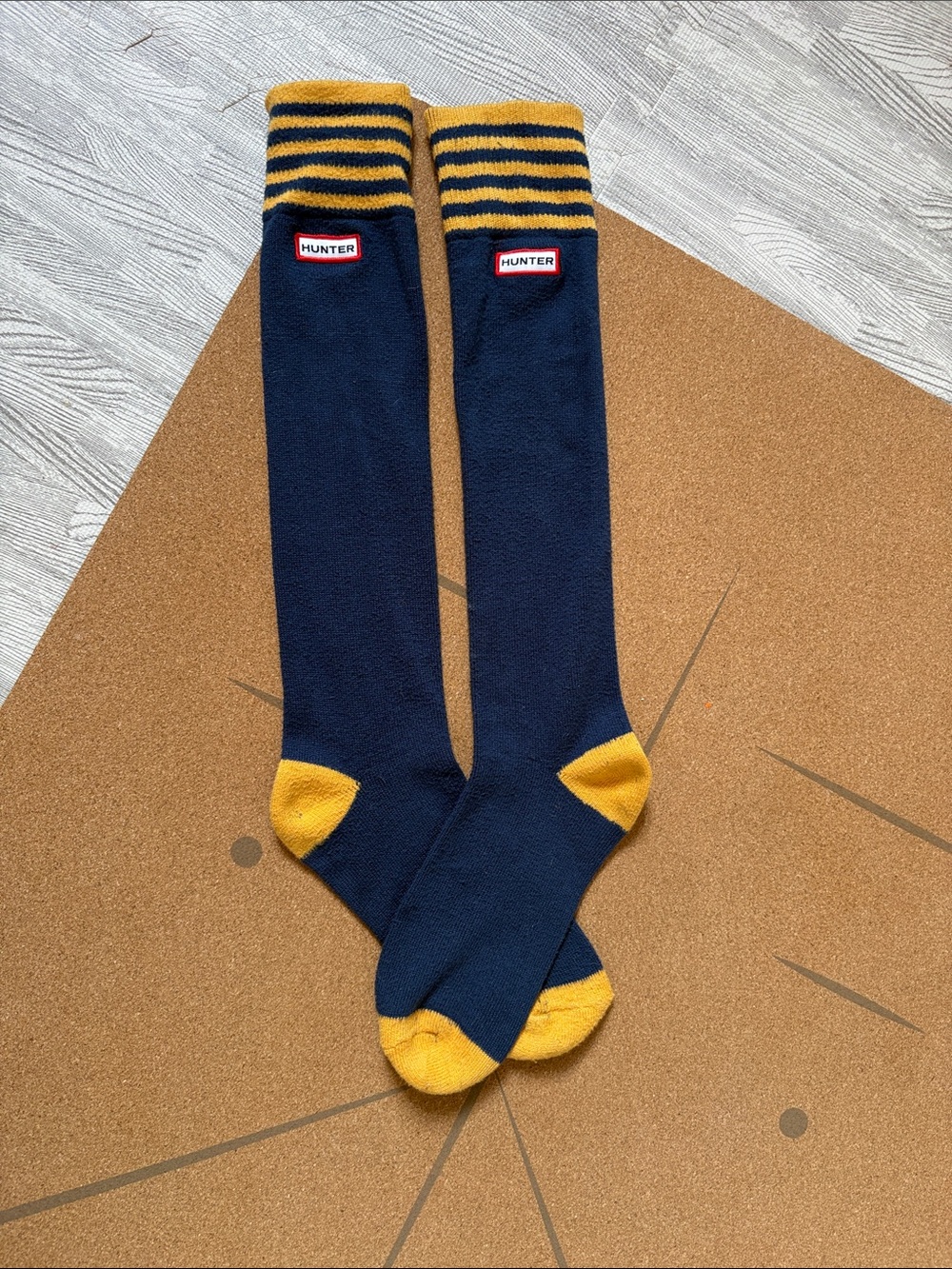 Hunter Navy and Yellow Striped-Top Knee-High Athletic Socks for your rain boots
